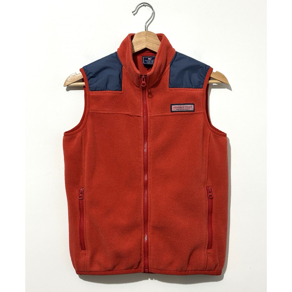 Vineyard Vines Fleece Vest Boys L 16-18 Red Navy Zip Pockets Sleeveless Jacket - Picture 1 of 8